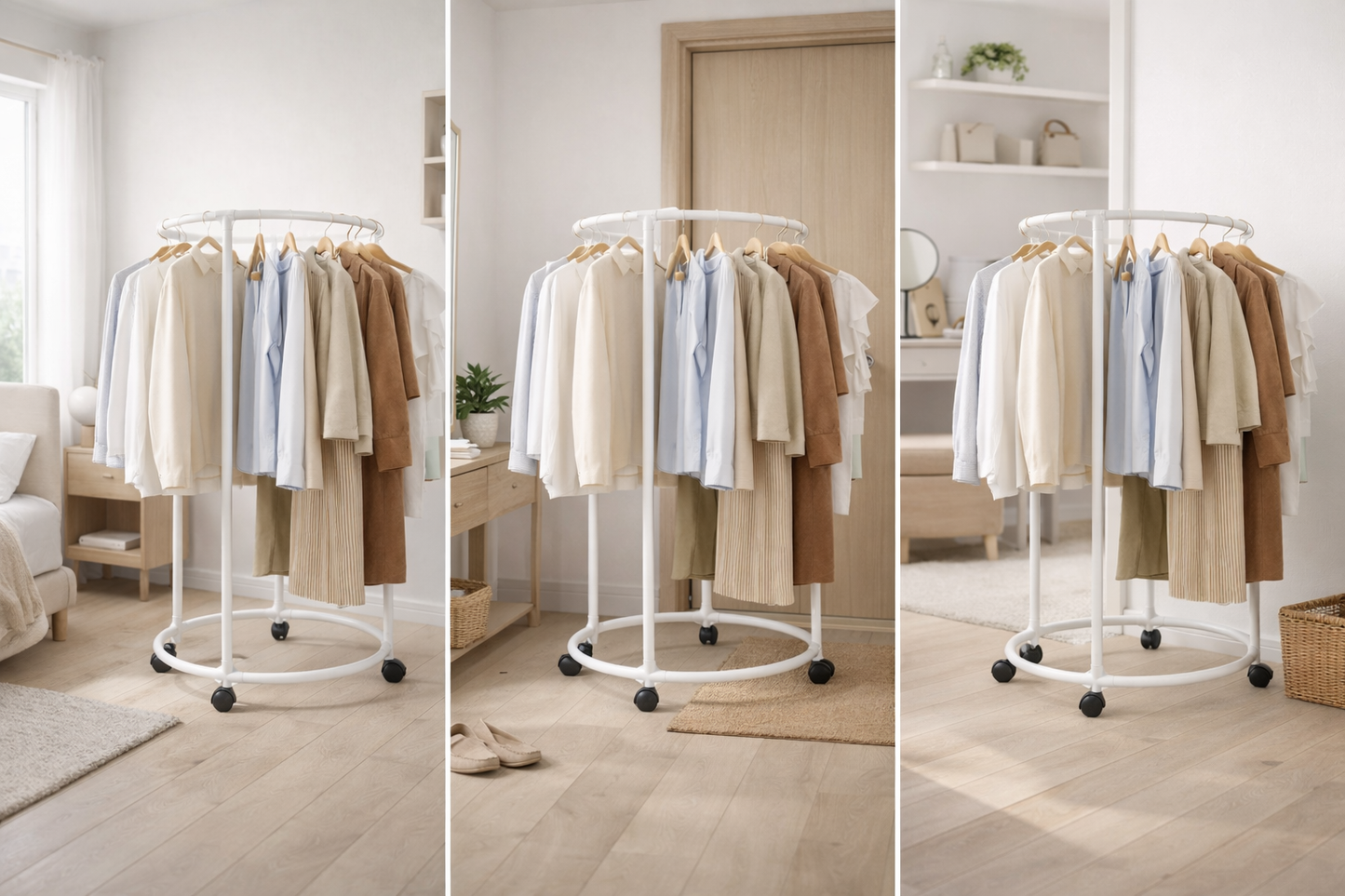 Appendiabiti Circolare con Ruote Bianco 130 cm – Stand Porta Abiti Rotondo in Metallo, Attaccapanni Mobile per Camera da Letto, Guardaroba Aperto Salvaspazio per Casa, Negozio, Boutique