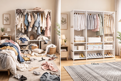 Armadio Guardaroba Aperto 130x170x36 cm con Ripiani e Barra Appendiabiti – Porta Abiti Salvaspazio in Metallo Bianco – Scaffale Vestiti Multifunzione per Camera da Letto, Cabina Armadio, Appartamento