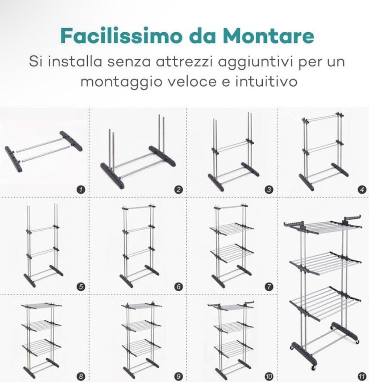 Stendibiancheria Pieghevole in Acciaio Inox e Plastica – Salvaspazio Verticale con 6 Ruote, Ganci e 4 Ripiani Regolabili – 168x54x68cm – Argento Blu – Per Interno - BDIT ACCESSORI