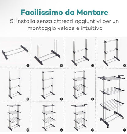 Stendibiancheria Pieghevole in Acciaio Inox e Plastica – Salvaspazio Verticale con 6 Ruote, Ganci e 4 Ripiani Regolabili – 168x54x68cm – Argento Blu – Per Interno - BDIT ACCESSORI