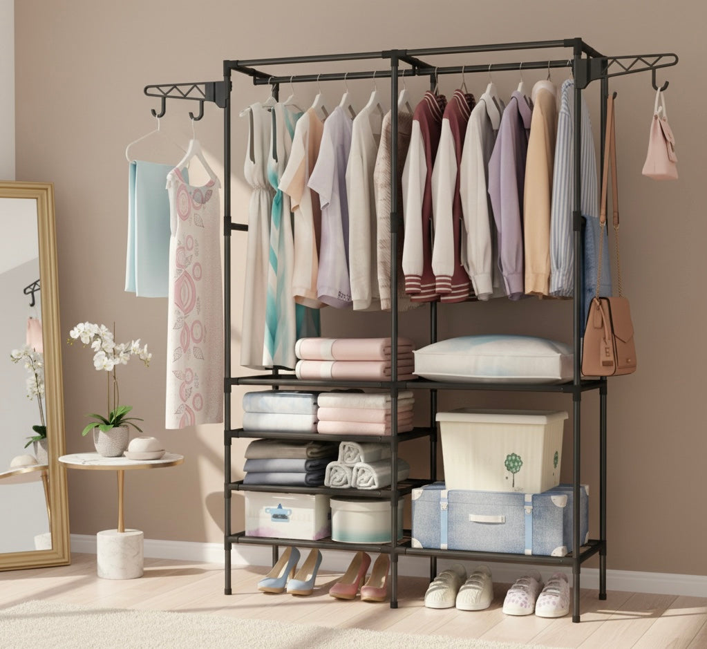 Scaffale Appendiabiti Multifunzionale in Metallo 108x36x170 cm – Armadio Aperto con Doppia Barra, Ripiani Portaoggetti, Ganci Laterali e Porta Scarpe – Organizer Salvaspazio per Camera, Ingresso, Cabina Armadio