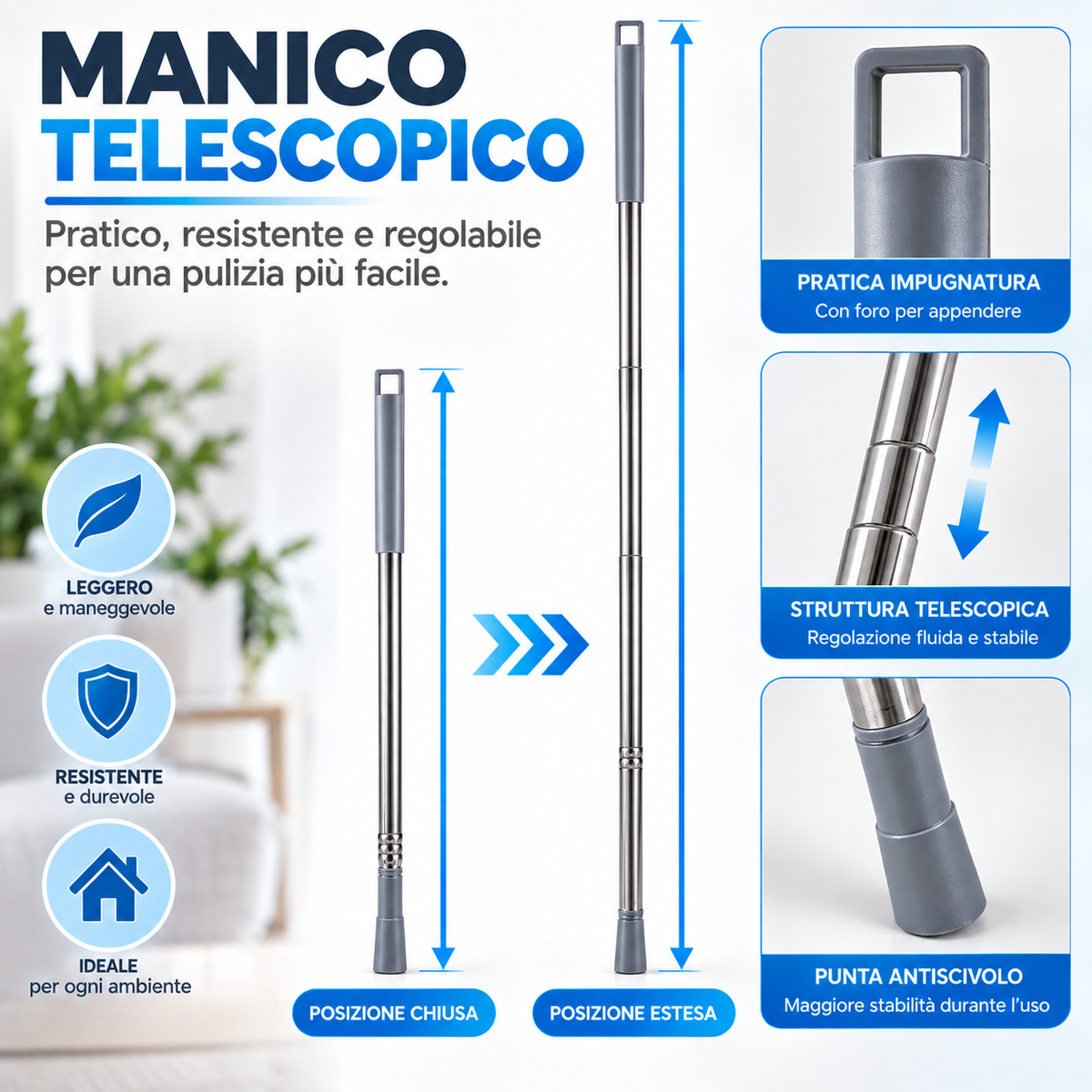 BDIT Accessori Set Piumino Catturapolvere Telescopico con 3 Testine Intercambiabili, Spolverino in Microfibra con Manico Estensibile, per Mobili, Letto, Lampade e Pulizia Casa, Grigio