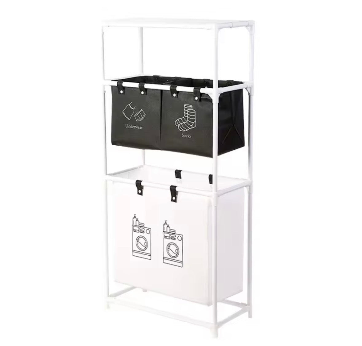 Carrello Portabiancheria Salvaspazio su Ruote - Organizer Lavanderia a 3 Livelli con Ceste Separatori