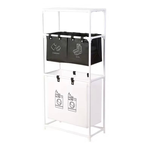Carrello Portabiancheria Salvaspazio su Ruote - Organizer Lavanderia a 3 Livelli con Ceste Separatori