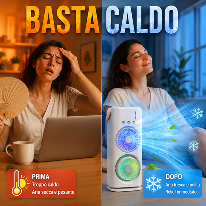 Raffrescatore Portatile con Doppia Ventola, Nebulizzazione ad Acqua e Luci RGB, Mini Condizionatore USB da Tavolo, Ventilatore Silenzioso con Serbatoio Acqua, per Ufficio, Camera da Letto e Casa