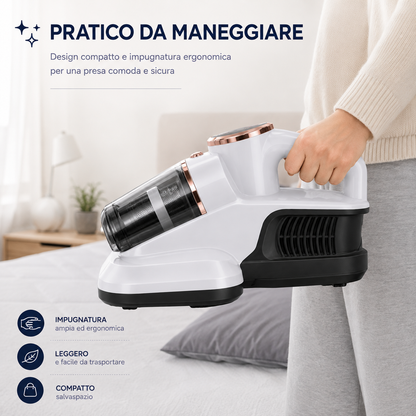 Aspirapolvere per Materassi e Tessuti, Aspiratore Portatile con Contenitore Trasparente e Filtro, Pulitore Compatto per Letto, Divano, Cuscini e Tessuti, Design Ergonomico