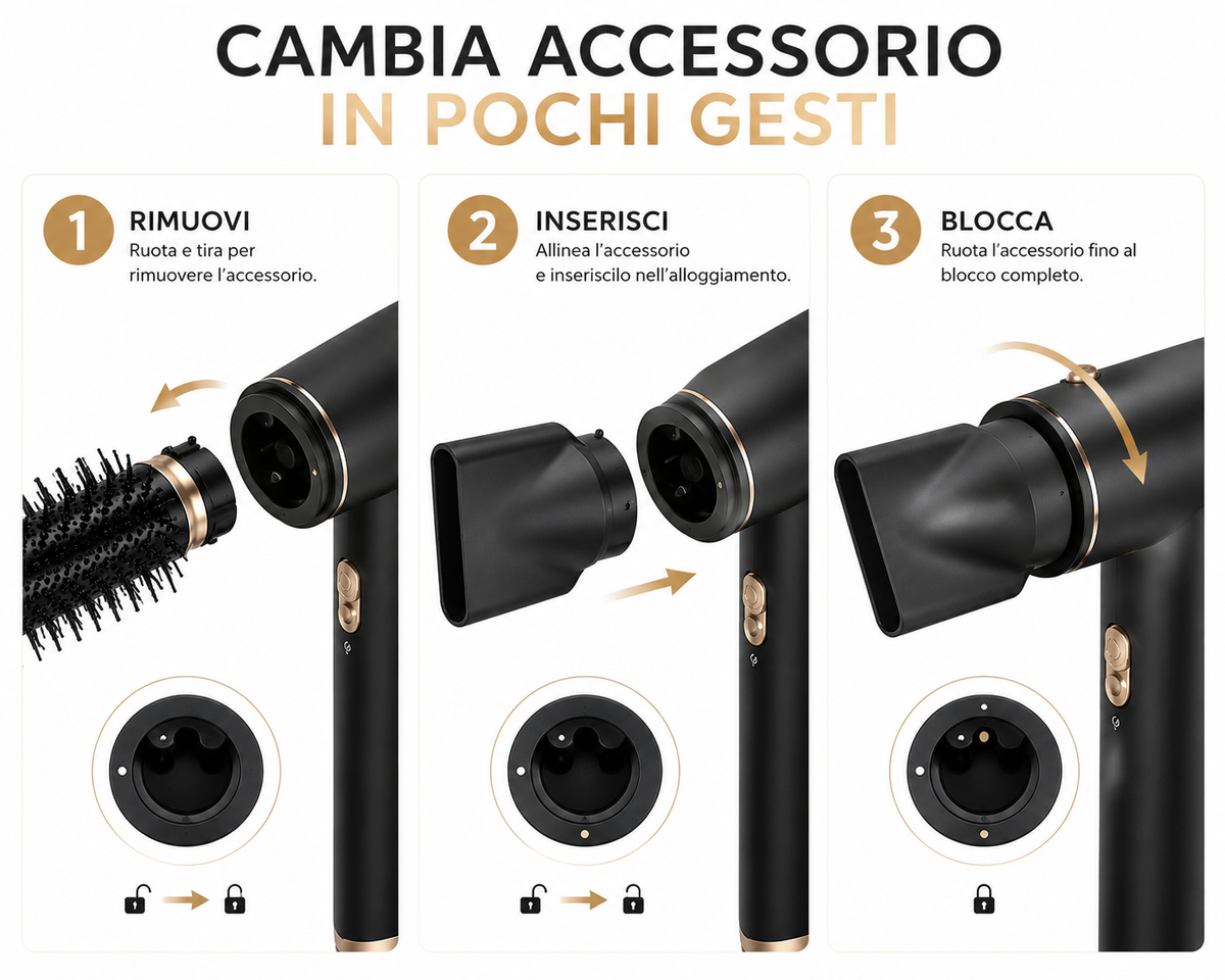 Asciugacapelli 6 in 1 con Accessori Intercambiabili, Styler per Capelli con Spazzola Volumizzante, Spazzola Lisciante, Diffusore, Concentratore e Accessori Arricciacapelli, Nero e Oro