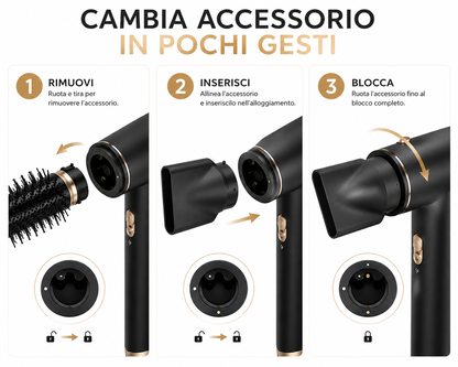 Asciugacapelli 6 in 1 con Accessori Intercambiabili, Styler per Capelli con Spazzola Volumizzante, Spazzola Lisciante, Diffusore, Concentratore e Accessori Arricciacapelli, Nero e Oro