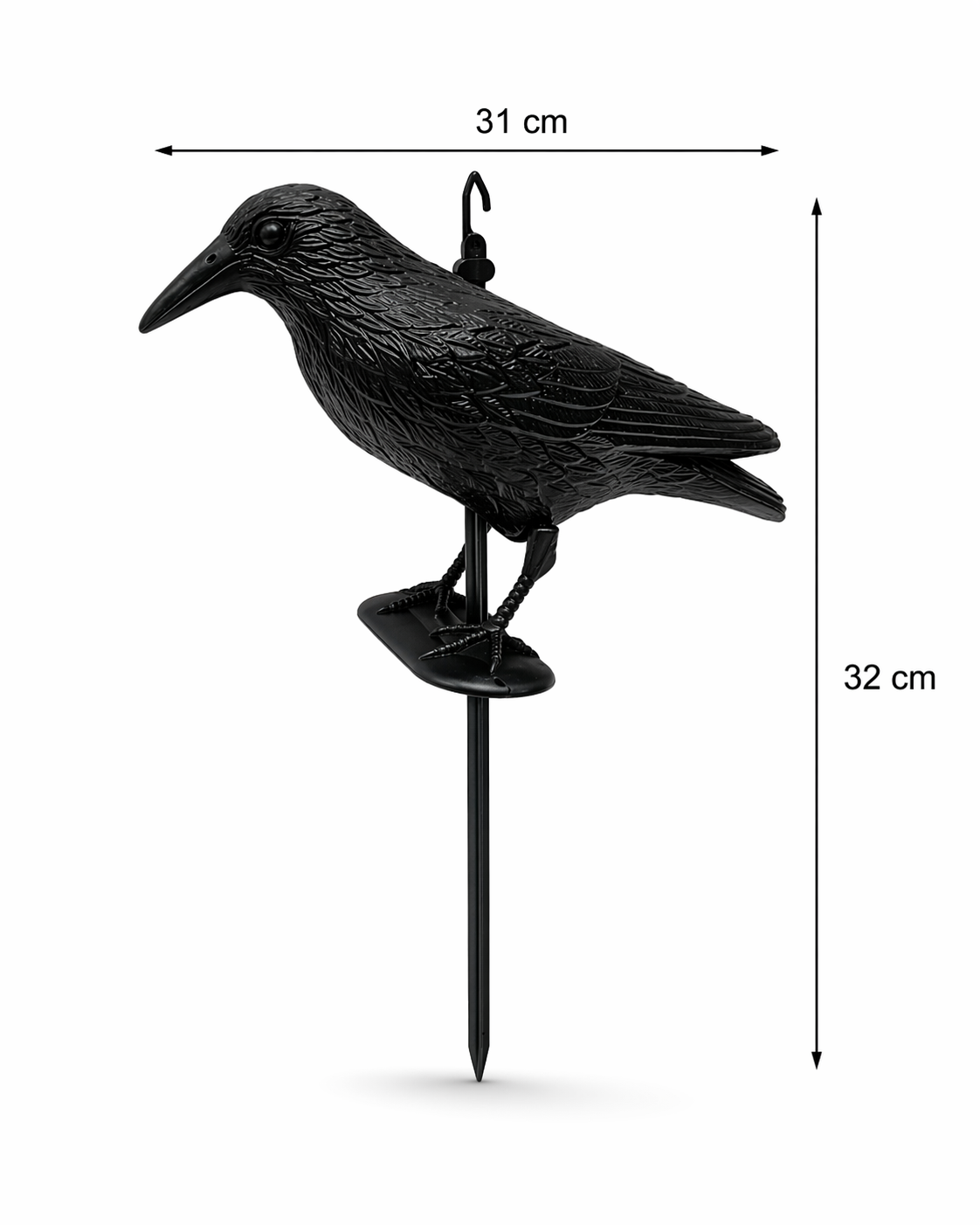 Corvo Spaventapasseri Grande 43 cm con Picchetto 32 cm, Dissuasore Uccelli Realistico Anti Piccioni per Giardino Balcone Terrazzo, Protezione Piante Orto