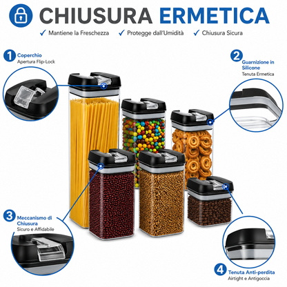 Set 7 Contenitori Ermetici per Alimenti con Coperchio Airtight, Barattoli Salvaspazio Impilabili per Pasta, Cereali, Caffè, Biscotti e Legumi, Contenitori Trasparenti per Cucina e Dispensa