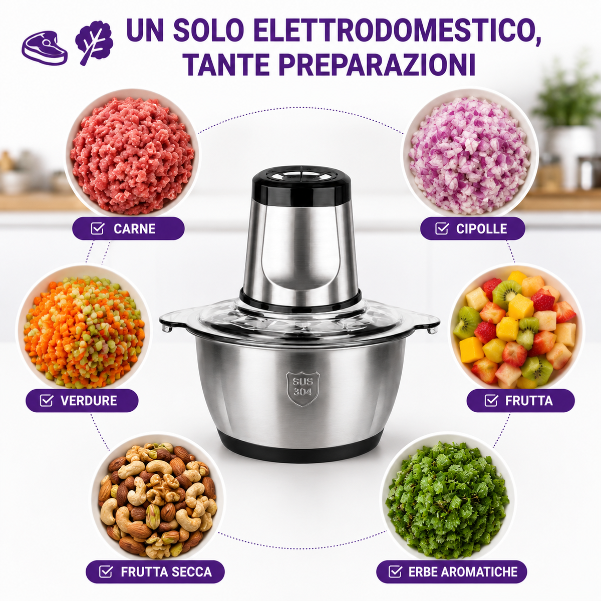 BDIT ACCESSORI Tritatutto Elettrico 2L con Ciotola in Acciaio Inox, Tritacarne Multiuso con Lame in Acciaio Inox per Carne, Verdure, Cipolle, Frutta, Frutta Secca ed Erbe Aromatiche