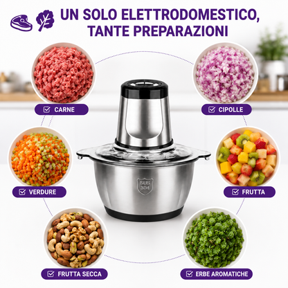BDIT ACCESSORI Tritatutto Elettrico 2L con Ciotola in Acciaio Inox, Tritacarne Multiuso con Lame in Acciaio Inox per Carne, Verdure, Cipolle, Frutta, Frutta Secca ed Erbe Aromatiche
