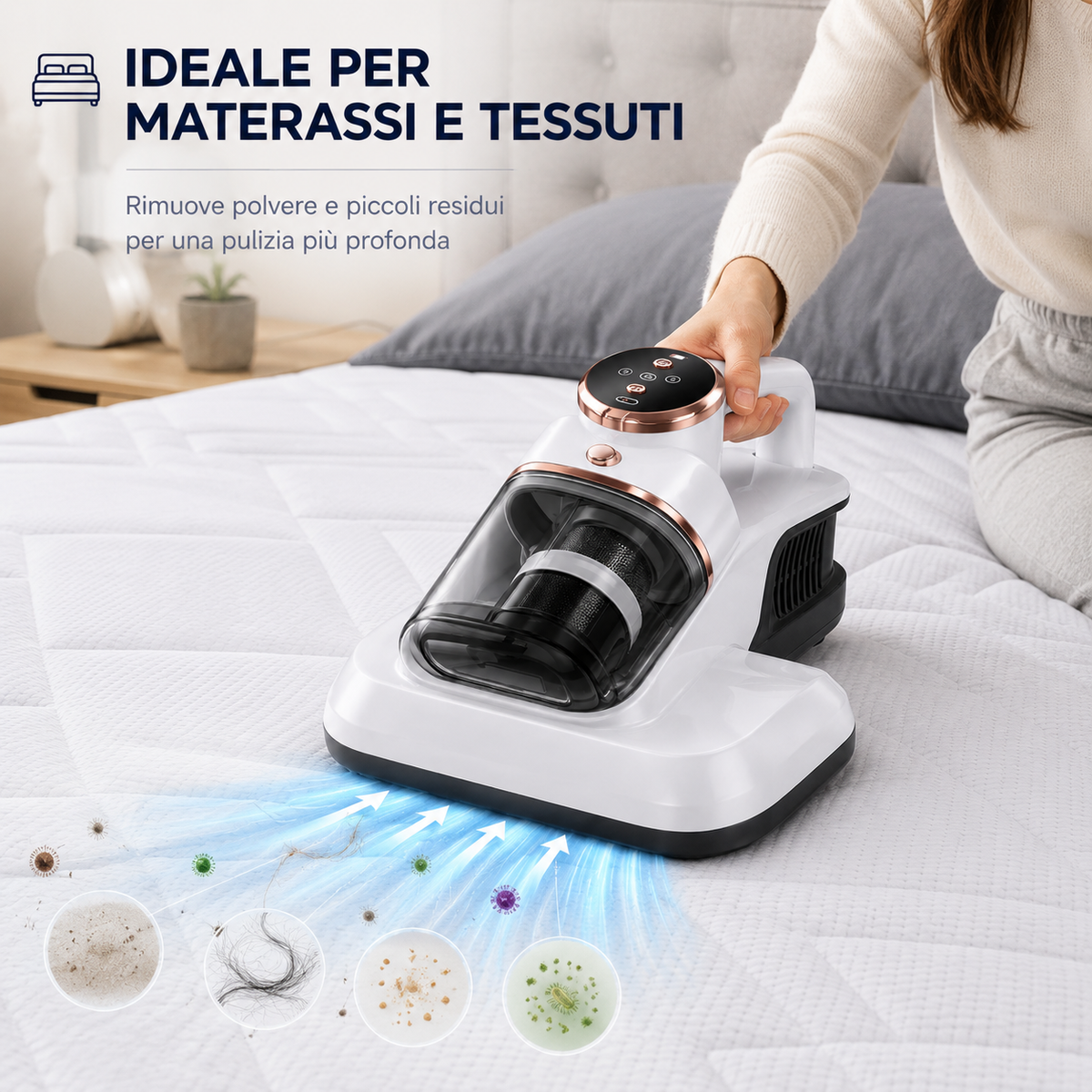 Aspirapolvere per Materassi e Tessuti, Aspiratore Portatile con Contenitore Trasparente e Filtro, Pulitore Compatto per Letto, Divano, Cuscini e Tessuti, Design Ergonomico
