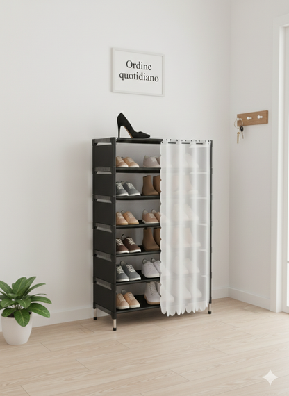 Scarpiera 7 Ripiani con Tenda – Colore Bianco – Struttura in Metallo e Ripiani in Stoffa – Organizer Salvaspazio 58x26x110 cm per Ingresso, Camera e Ripostiglio