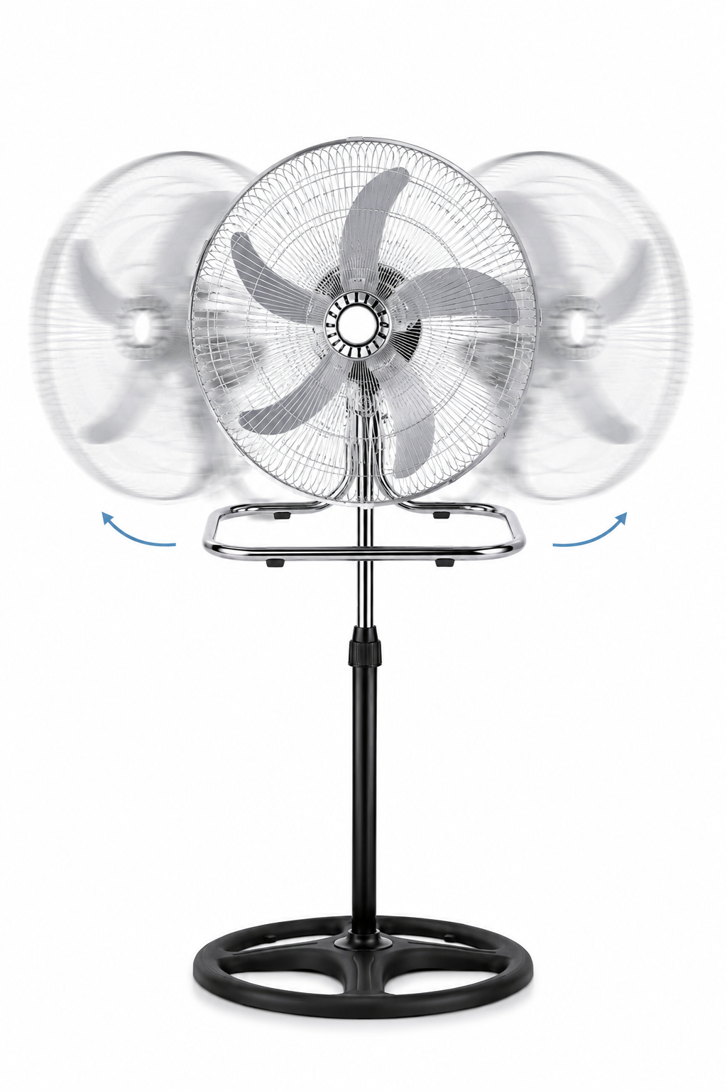 Ventilatore 3 in 1 da Terra e Tavolo Cromato, Ventilatore Oscillante con Piedistallo Regolabile, Ventola Silenziosa ad Alta Potenza, Design Moderno in Metallo per Casa Ufficio Camera