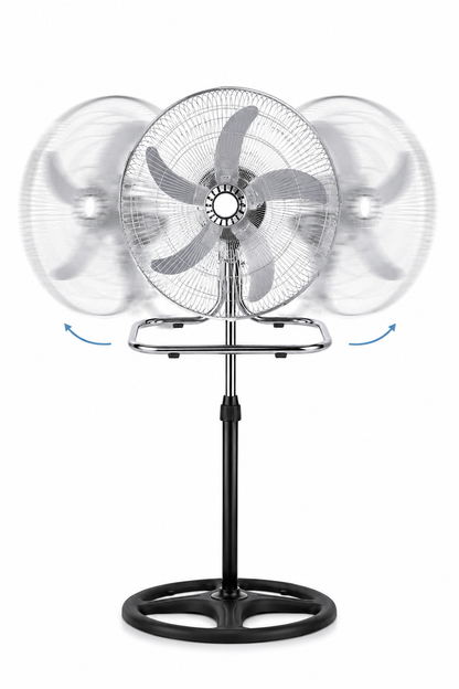 Ventilatore 3 in 1 da Terra e Tavolo Cromato, Ventilatore Oscillante con Piedistallo Regolabile, Ventola Silenziosa ad Alta Potenza, Design Moderno in Metallo per Casa Ufficio Camera