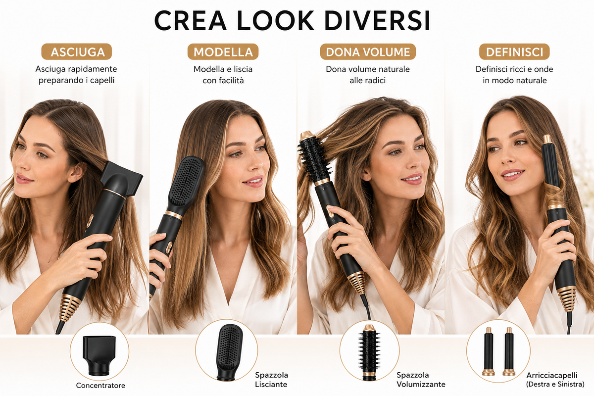 Asciugacapelli 6 in 1 con Accessori Intercambiabili, Styler per Capelli con Spazzola Volumizzante, Spazzola Lisciante, Diffusore, Concentratore e Accessori Arricciacapelli, Nero e Oro