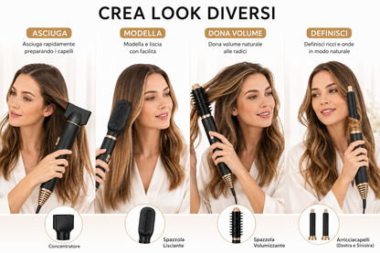 Asciugacapelli 6 in 1 con Accessori Intercambiabili, Styler per Capelli con Spazzola Volumizzante, Spazzola Lisciante, Diffusore, Concentratore e Accessori Arricciacapelli, Nero e Oro