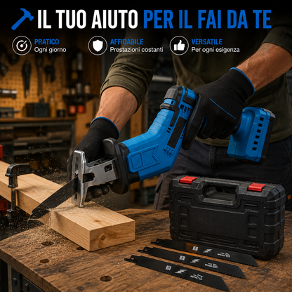 Seghetto a Batteria Portatile con 4 Lame Intercambiabili e Valigetta, Sega a Gattuccio Compatta e Maneggevole con Luce Frontale, per Taglio Legno, Metallo, Fai da Te e Manutenzi