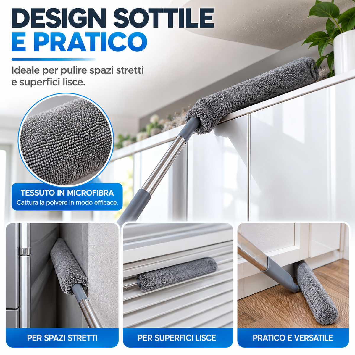 BDIT Accessori Set Piumino Catturapolvere Telescopico con 3 Testine Intercambiabili, Spolverino in Microfibra con Manico Estensibile, per Mobili, Letto, Lampade e Pulizia Casa, Grigio