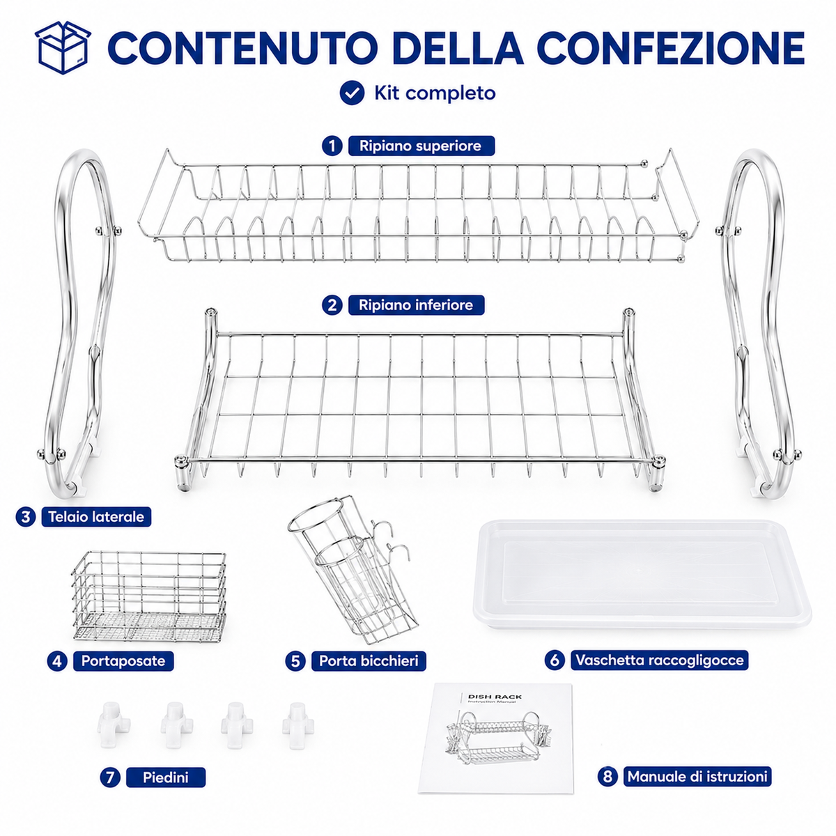 Scolapiatti da Cucina 2 Livelli 40 cm, Scolapiatti in Acciaio Cromato con Vaschetta Raccogligocce, Portaposate, Porta Bicchieri e Ganci Porta Tazze, Sgocciolatoio Salvaspazio per Piano Cucina