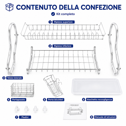 Scolapiatti da Cucina 2 Livelli 40 cm, Scolapiatti in Acciaio Cromato con Vaschetta Raccogligocce, Portaposate, Porta Bicchieri e Ganci Porta Tazze, Sgocciolatoio Salvaspazio per Piano Cucina