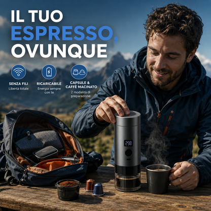 Caffettiera Elettrica Portatile Wireless con Display Digitale, Compatibile con Capsule e Caffè Macinato, Macchina da Caffè Espresso Ricaricabile USB-C, One Click, Ideale per Viaggi, Auto, Ufficio e Campeggio