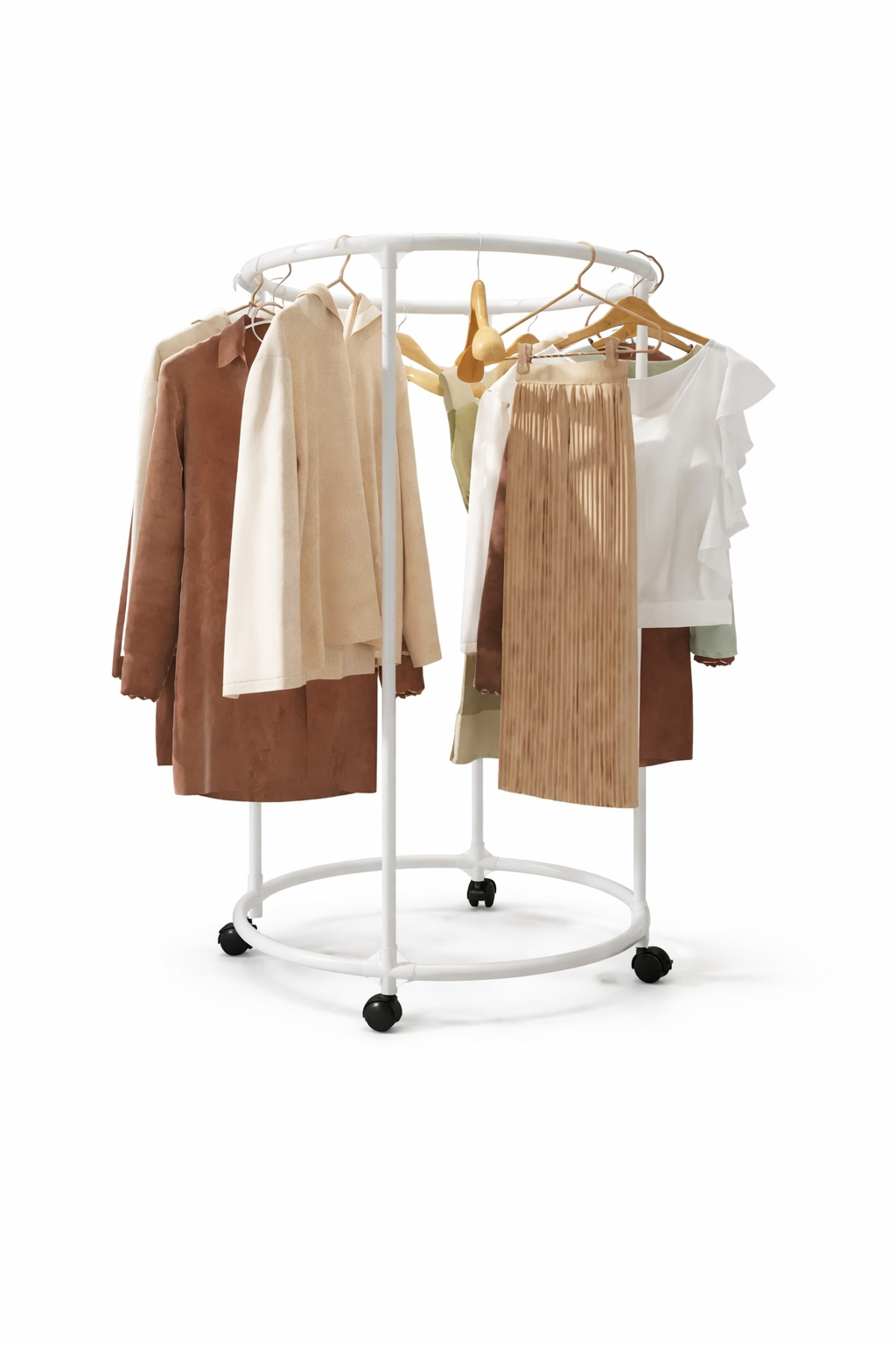 Appendiabiti Circolare con Ruote Bianco 130 cm – Stand Porta Abiti Rotondo in Metallo, Attaccapanni Mobile per Camera da Letto, Guardaroba Aperto Salvaspazio per Casa, Negozio, Boutique