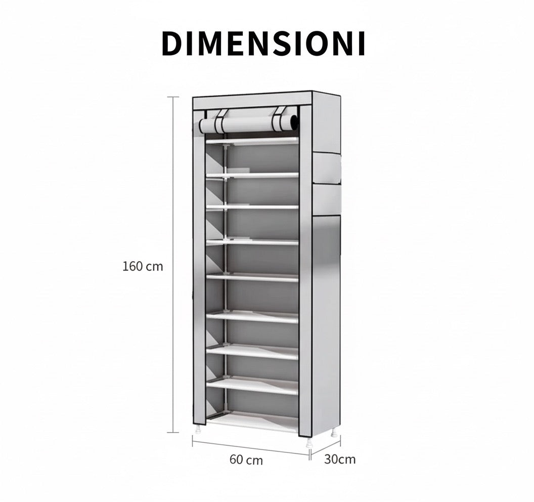 Scarpiera Verticale Salvaspazio con Copertura Antipolvere | 9 Ripiani (160x60x30 cm)