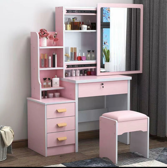 Tavolo da Toeletta con Specchio e Sgabello – Vanity Make Up con 3 Cassetti e Ripiani Portaoggetti – Design Moderno per Camera da Letto – Disponibile in Bianco e Rosa - BDIT ACCESSORI