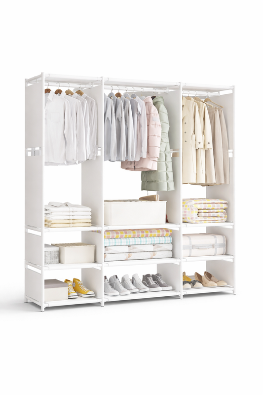 Armadio Guardaroba Aperto 130x170x36 cm con Ripiani e Barra Appendiabiti – Porta Abiti Salvaspazio in Metallo Bianco – Scaffale Vestiti Multifunzione per Camera da Letto, Cabina Armadio, Appartamento