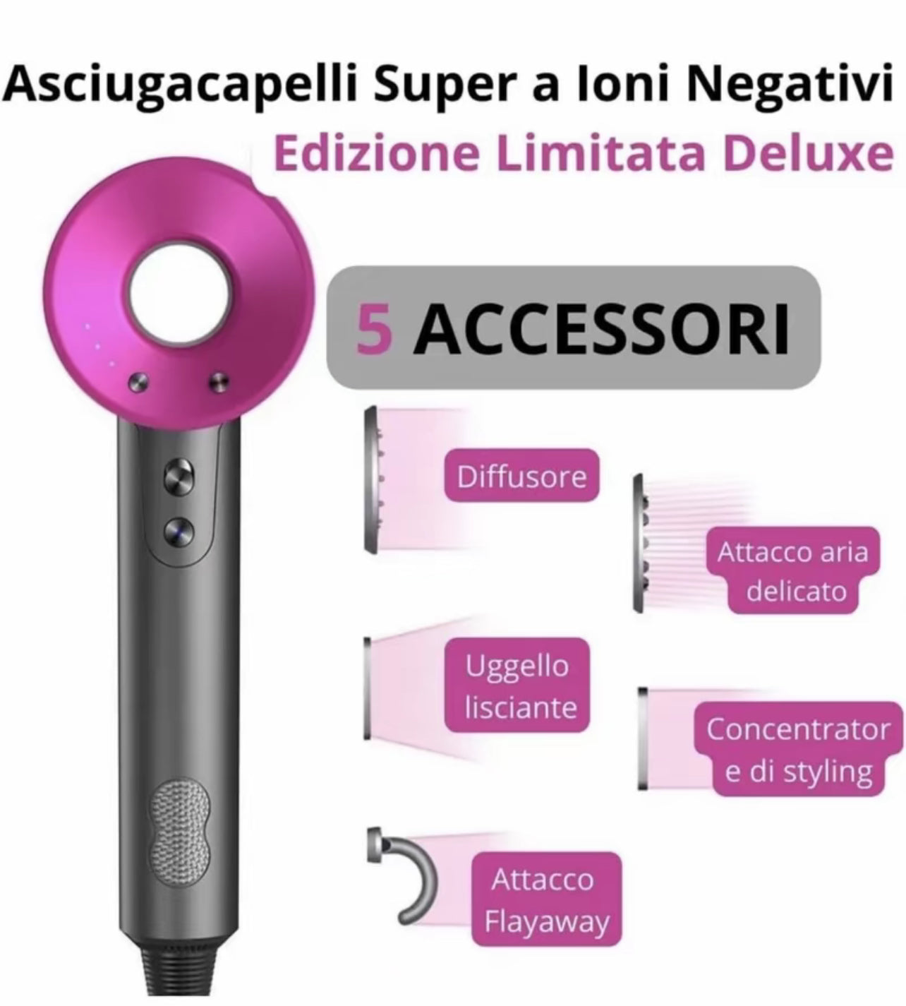 Bdit accessori Asciugacapelli Professionale con 5 Accessori e 4 Modalità di Temperatura controllo intelligente del calore per la brillantezza,Asciugatura rapida, Progettato per un effetto equilibrato, Styling liscio e controllato