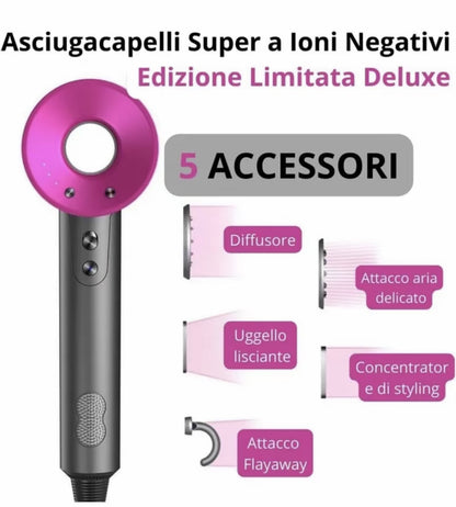 Bdit accessori Asciugacapelli Professionale con 5 Accessori e 4 Modalità di Temperatura controllo intelligente del calore per la brillantezza,Asciugatura rapida, Progettato per un effetto equilibrato, Styling liscio e controllato