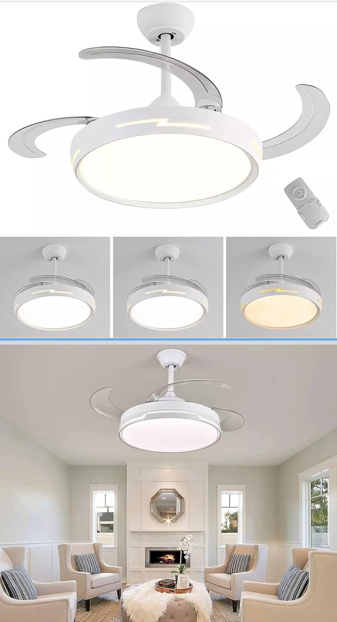 Ventilatore da Soffitto con Luce LED, Pale Retrattili 120 cm, Telecomando Incluso, 3 Temperature Luce, 6 Velocità, Timer, Design Moderno per Soggiorno Camera da Letto