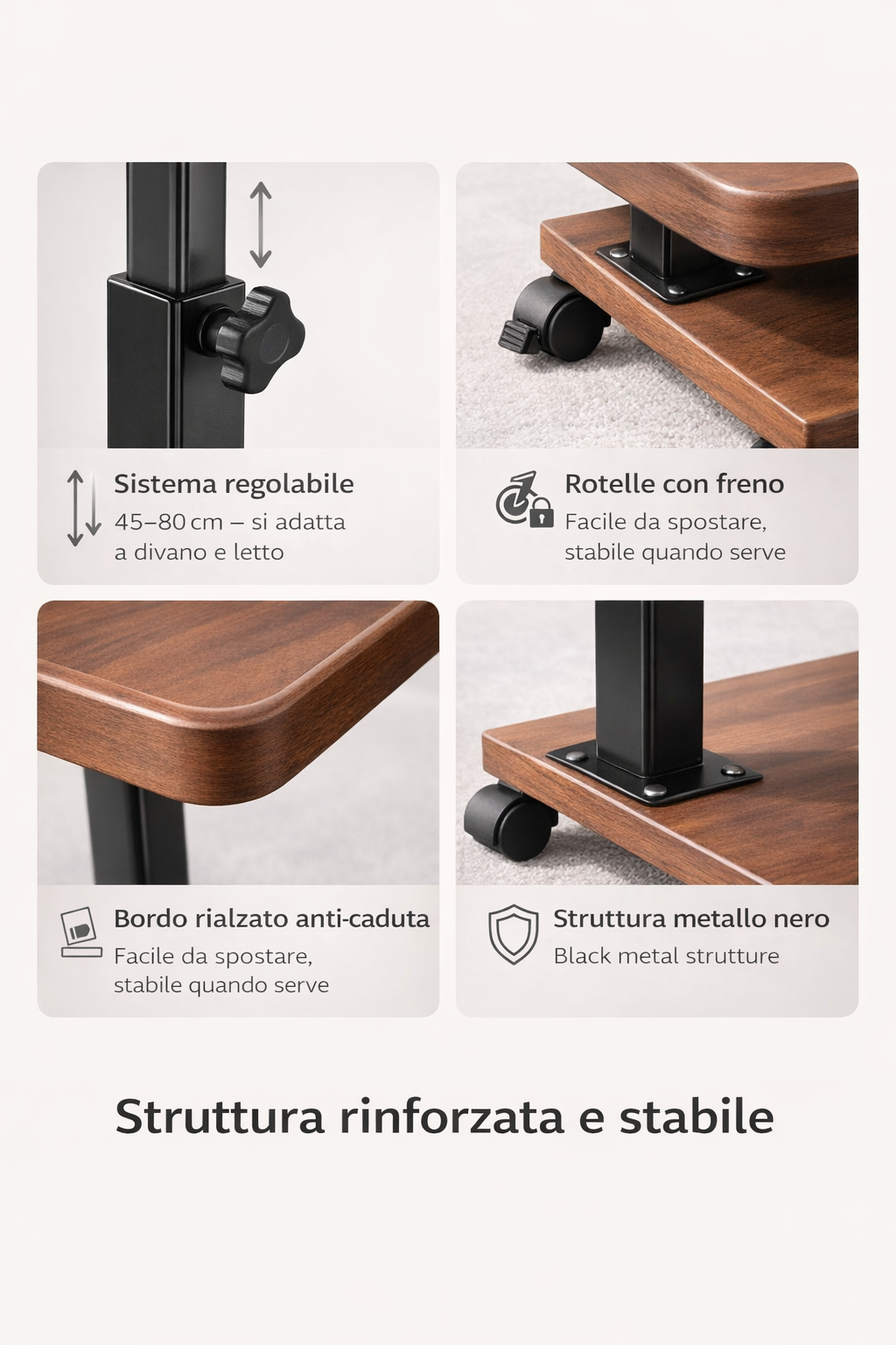 Tavolino Laterale Regolabile con Ruote, Tavolino da Divano a Forma di C, Altezza 45-80 cm, Tavolo Salvaspazio con Ripiano, per Divano Letto Ufficio Studio, 40x30 cm Effetto Legno