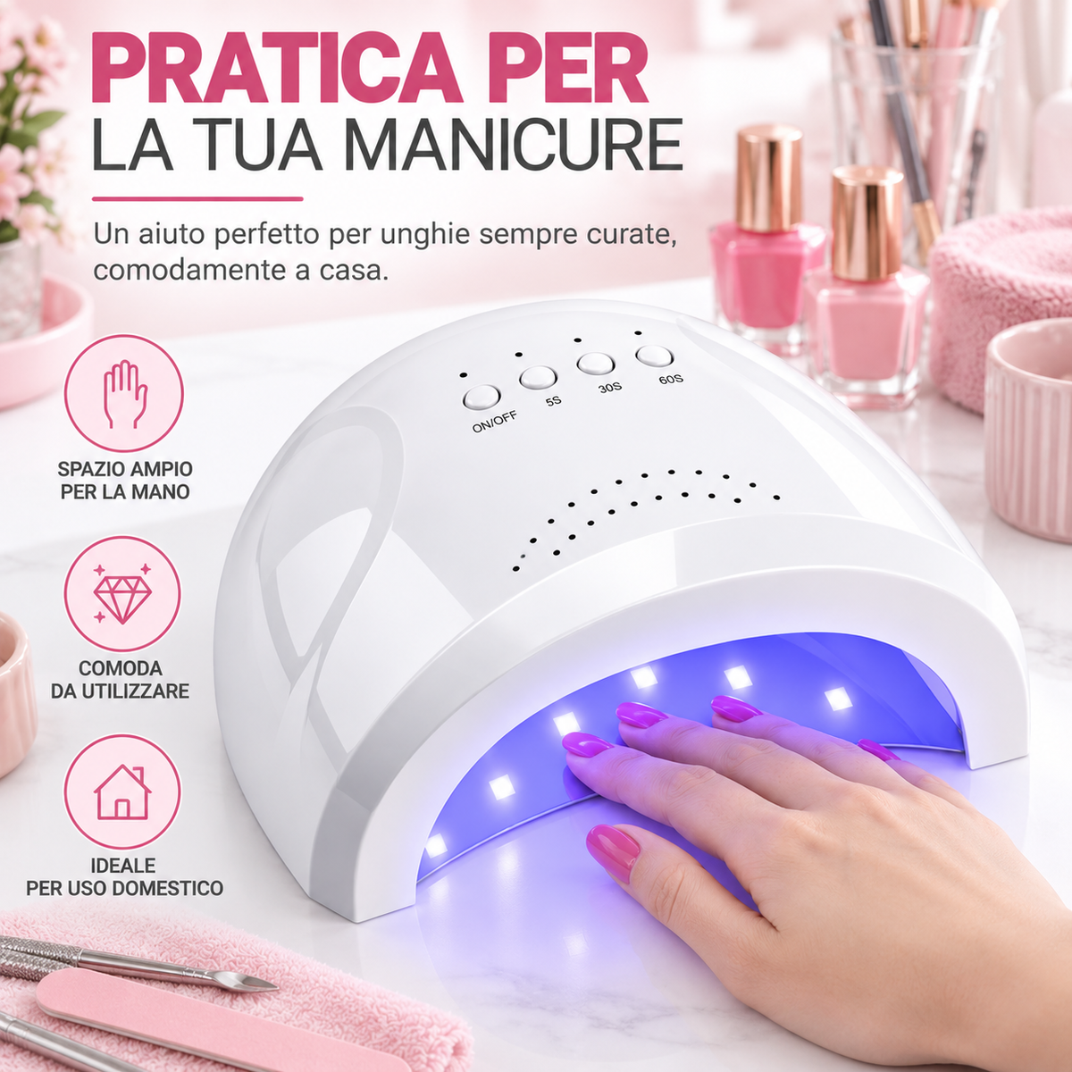 BDIT Accessori Lampada UV LED per Unghie, Lampada per Manicure e Nail Art con Comandi Superiori, Ampia Apertura per la Mano, Luce UV/LED, per Gel Unghie e Manicure a Casa, Bianca