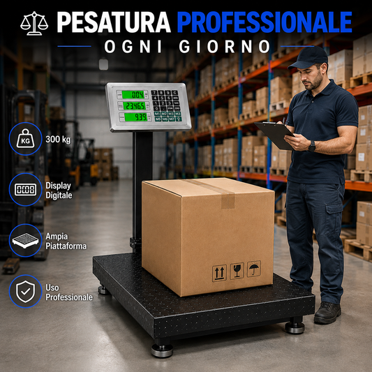 BDIT ACCESSORI Bilancia Digitale Professionale 300 kg, Bilancia Elettronica a Piattaforma con Display LCD e Tastiera, Ampia Pedana, per Magazzino, Deposito, Negozio e Pacchi