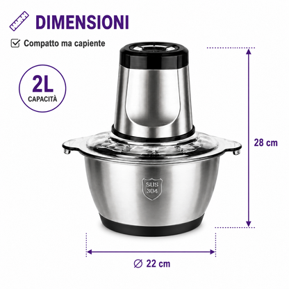 BDIT ACCESSORI Tritatutto Elettrico 2L con Ciotola in Acciaio Inox, Tritacarne Multiuso con Lame in Acciaio Inox per Carne, Verdure, Cipolle, Frutta, Frutta Secca ed Erbe Aromatiche