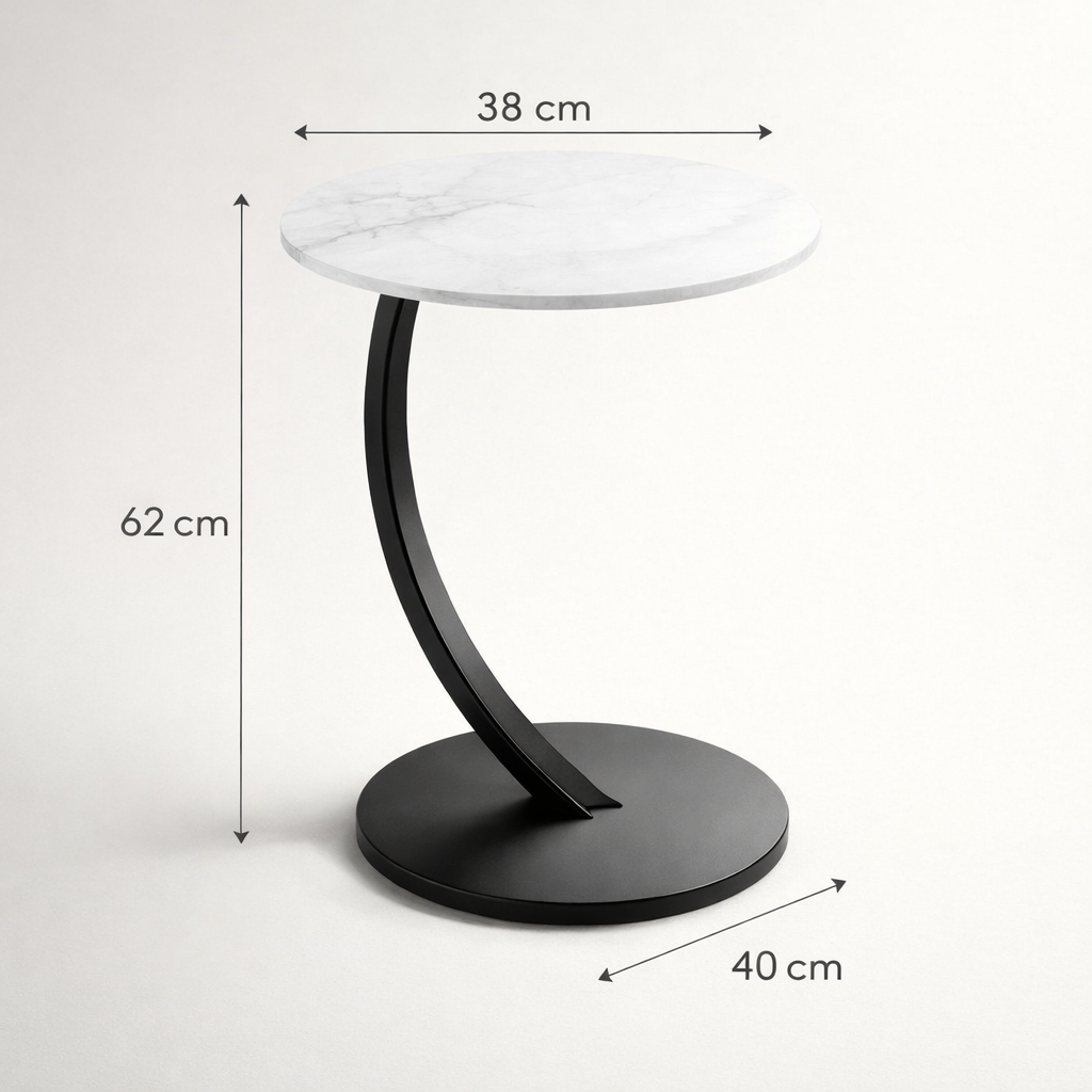 Tavolino Laterale Moderno Curvo, Tavolino Rotondo da Divano Salotto, Tavolo Compatto per Laptop, Caffè e Decorazioni, Design Minimal Salvaspazio, Nero 38x40x62 cm
