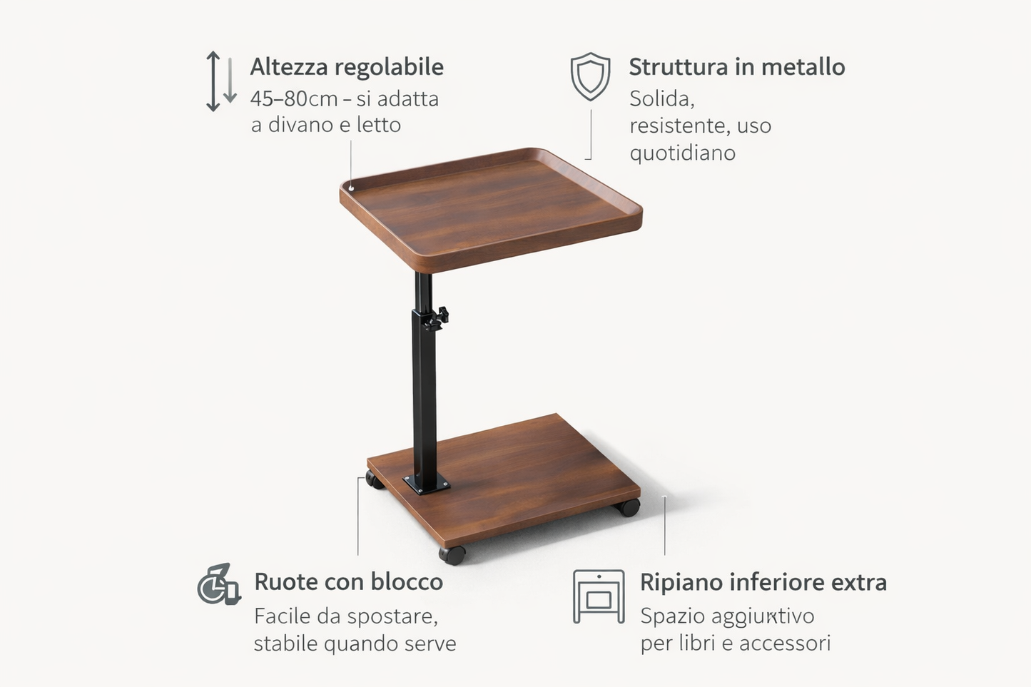 Tavolino Laterale Regolabile con Ruote, Tavolino da Divano a Forma di C, Altezza 45-80 cm, Tavolo Salvaspazio con Ripiano, per Divano Letto Ufficio Studio, 40x30 cm Effetto Legno