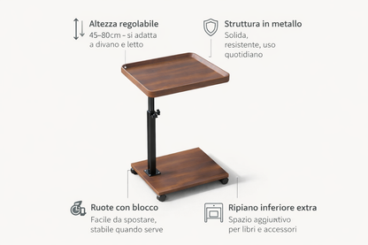 Tavolino Laterale Regolabile con Ruote, Tavolino da Divano a Forma di C, Altezza 45-80 cm, Tavolo Salvaspazio con Ripiano, per Divano Letto Ufficio Studio, 40x30 cm Effetto Legno