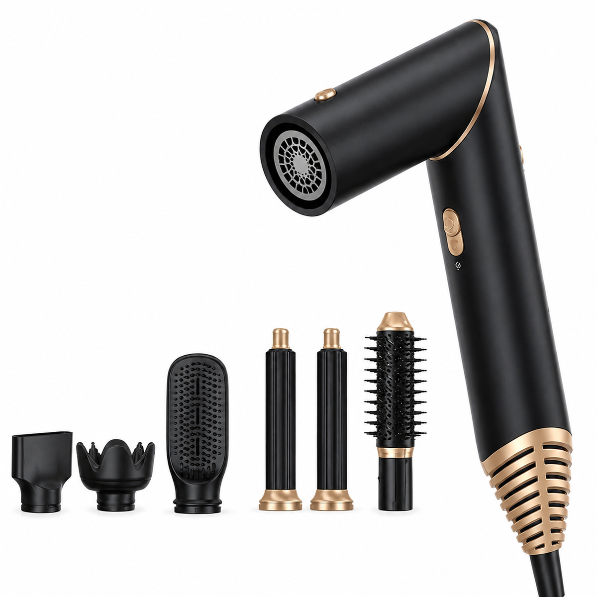 Asciugacapelli 6 in 1 con Accessori Intercambiabili, Styler per Capelli con Spazzola Volumizzante, Spazzola Lisciante, Diffusore, Concentratore e Accessori Arricciacapelli, Nero e Oro
