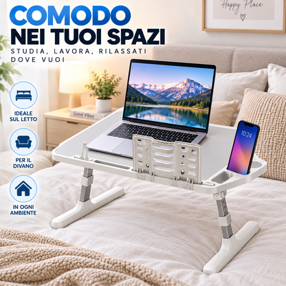 BDIT Accessori Tavolino Pieghevole per Laptop, Tavolino da Letto Regolabile con Piano Inclinabile 0-36°, Supporto Smartphone e Ferma Oggetti, per Studio, Lavoro, Divano e Letto, 56x31x17 cm, Bianco