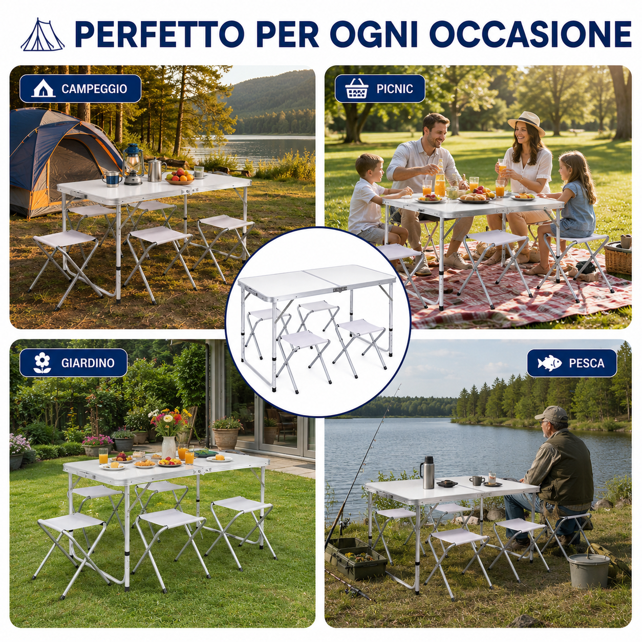 Tavolo Pieghevole da Campeggio con 4 Sgabelli Inclusi, Tavolo Picnic Portatile Richiudibile con Altezza Regolabile 55/62/70 cm, Tavolo da Giardino Campeggio Pesca BBQ Escursioni 120x60 cm
