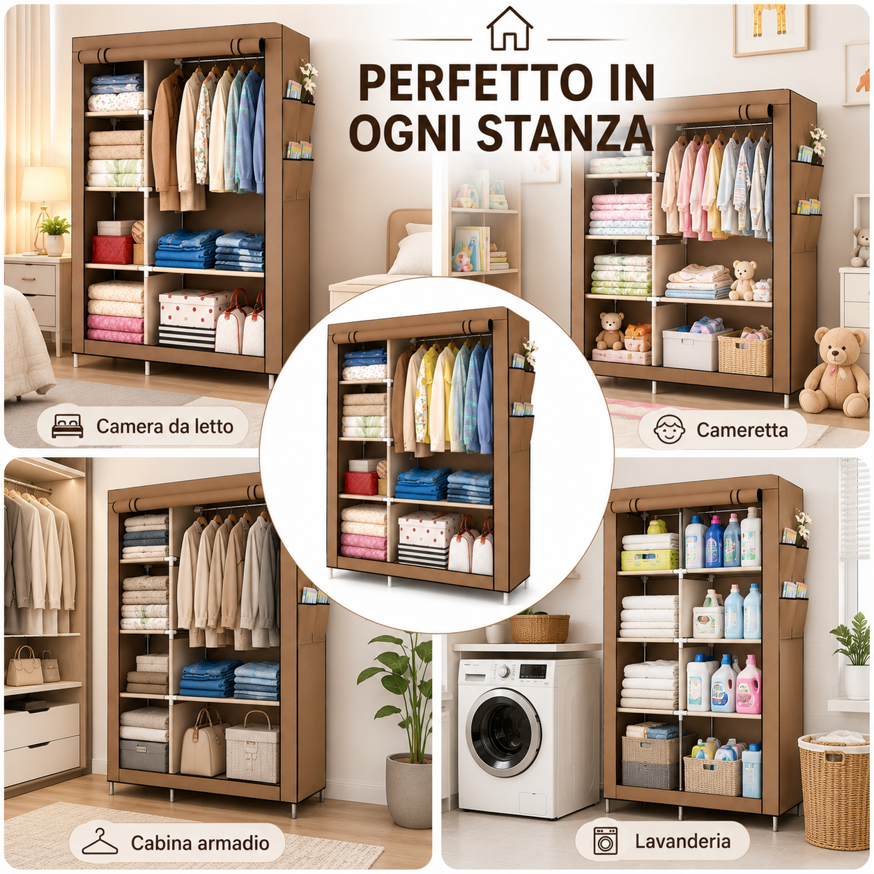 Armadio Guardaroba in Tessuto 175 × 105 × 45 cm, Armadio Pieghevole con Barra Appendiabiti e Ripiani, Armadio Salvaspazio con Struttura in Metallo e Chiusura con Cerniera, Colore Marrone