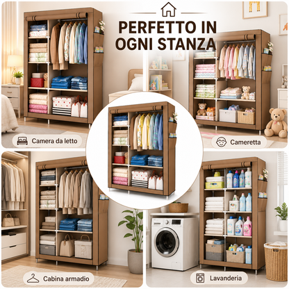Armadio Guardaroba in Tessuto 175 × 105 × 45 cm, Armadio Pieghevole con Barra Appendiabiti e Ripiani, Armadio Salvaspazio con Struttura in Metallo e Chiusura con Cerniera, Colore Marrone