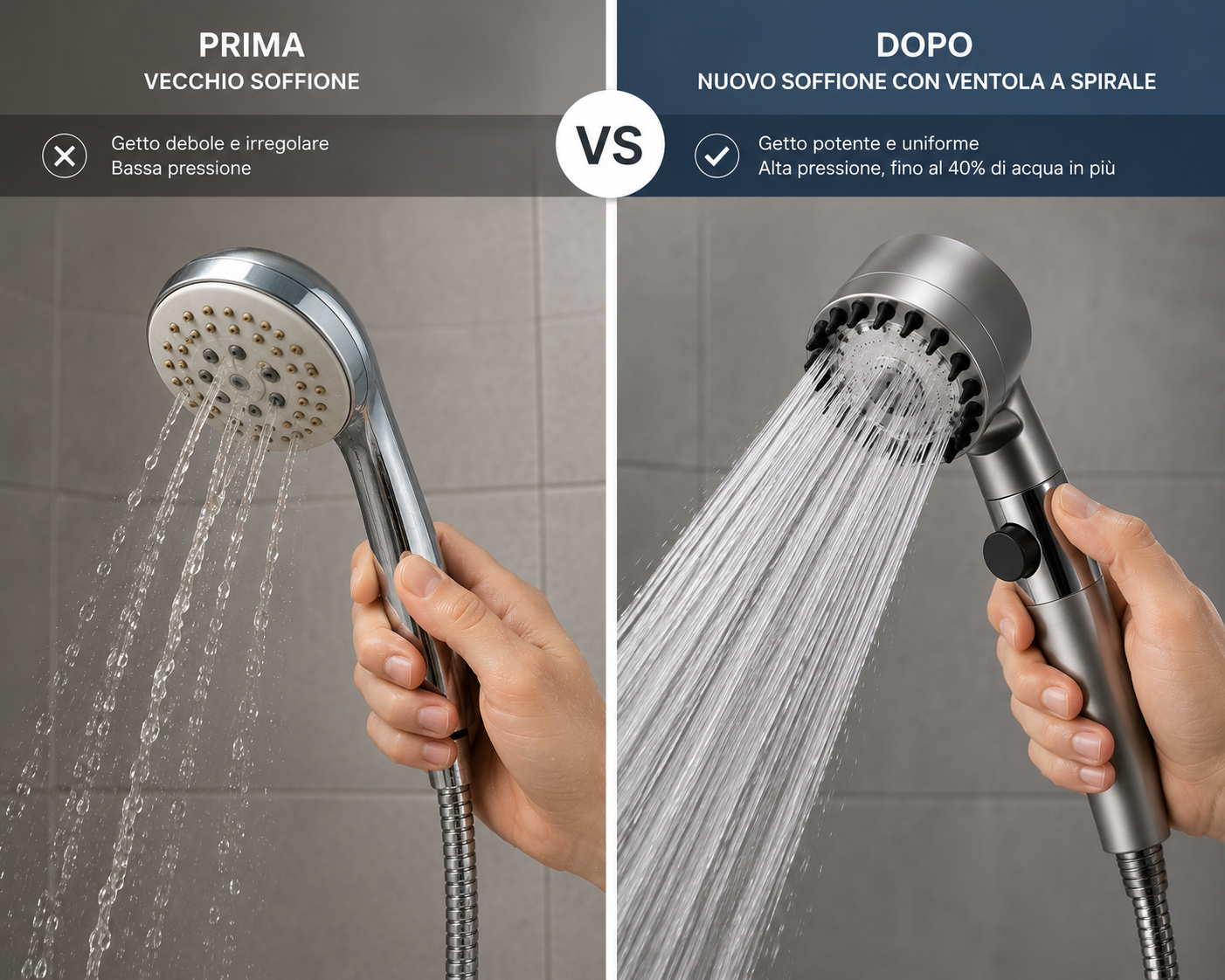 Soffione Doccia Alta Pressione con Pulsante Stop, Doccetta Multigetto 3 Modalità, Soffione Doccia con Ventola a Spirale e Filtro Integrato, Ugelli Anticalcare, Risparmio Idrico, Attacco Universale G1/2”
