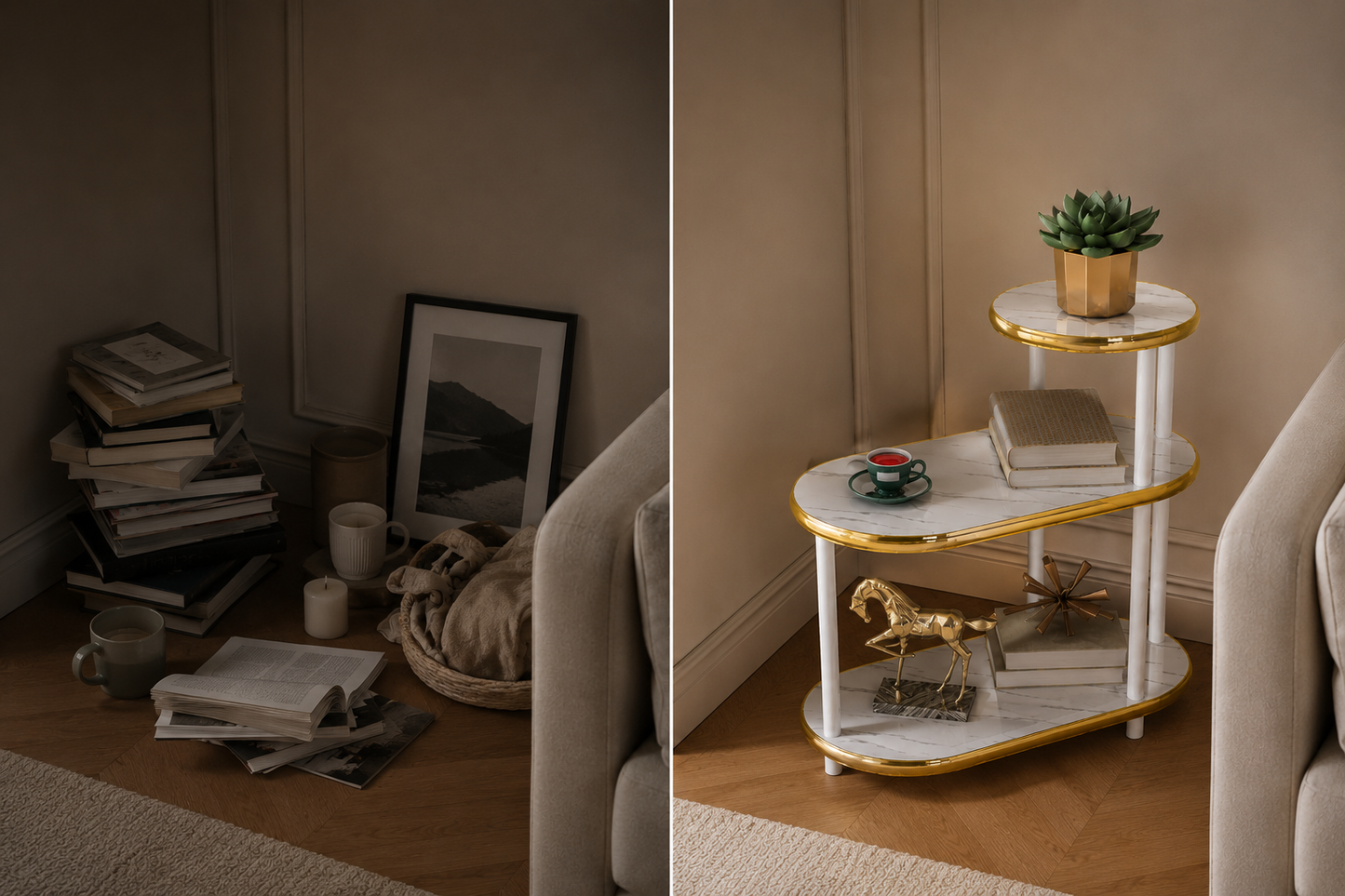 Tavolino da Salotto Moderno 3 Ripiani Effetto Marmo Bianco con Bordi Oro, Tavolino Laterale Salvaspazio, Mobiletto Multiuso per Camera da Letto, Soggiorno e Angolo Caffè, 68x60x30 cm