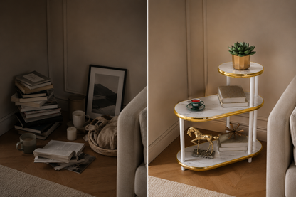 Tavolino da Salotto Moderno 3 Ripiani Effetto Marmo Bianco con Bordi Oro, Tavolino Laterale Salvaspazio, Mobiletto Multiuso per Camera da Letto, Soggiorno e Angolo Caffè, 68x60x30 cm