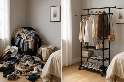 Appendiabiti da Terra con Ruote e Ripiani – Stand Appendiabiti Doppio Bastone in Acciaio Nero – Attaccapanni Salvaspazio per Camera, Ingresso e Cabina Armadio – 42x76x150 cm